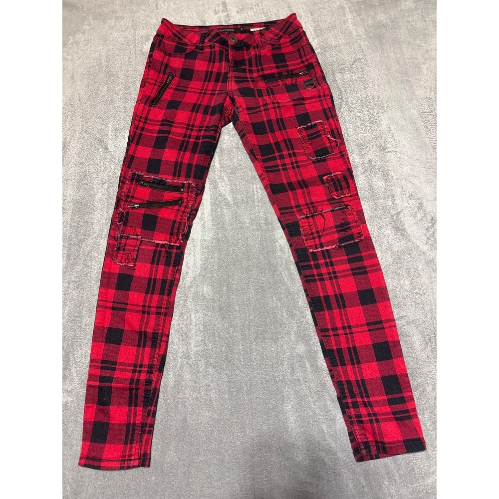 Hot Topic Blackheart Women Junior Size 3 Red Black Plaid Super Skinny Pants